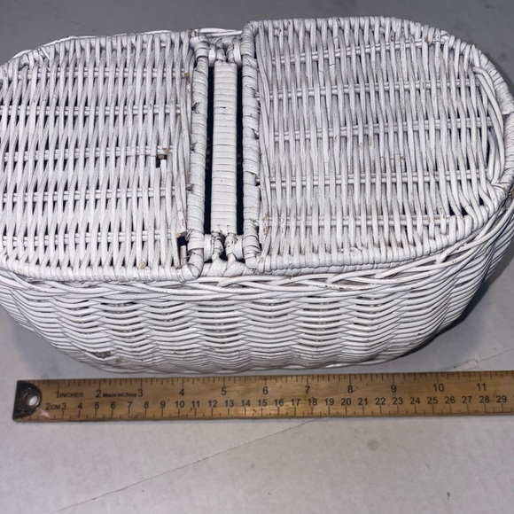 White Wicker Basket two compartments hinged lids 12” - Picture 3 of 10